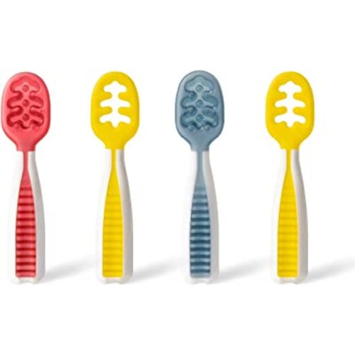 NumNum Pre-Spoon GOOtensils | Baby Spoon Set (Stage 1 + Stage 2) | BPA Free Silicone Self Feeding Toddler Utensils | For Kids Ages 6 Months+, 1-Pack, 4 Spoons, Primary Colors