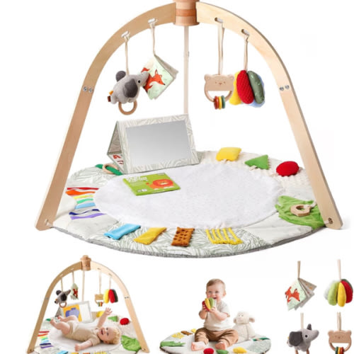 Wooden Baby Play Gym & Tummy Time Playmat – Montessori Sensory Activity Mat with 6 Developmental Toys for Fine Motor Skills – for Newborns to Toddlers (0–12M+)