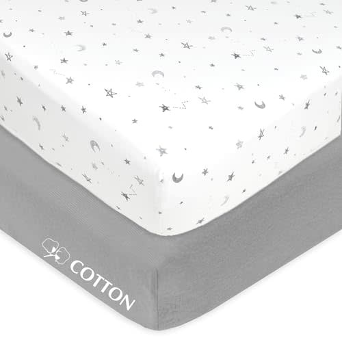 American Baby Company 2 Pack 100% Natural Cotton Fitted Crib Sheets 52" x 28" - Soft, Breathable, Hypoallergenic & Gentle Toddler Bed Sheets, Gray Stars and Gray, Neutral for Boys & Girls