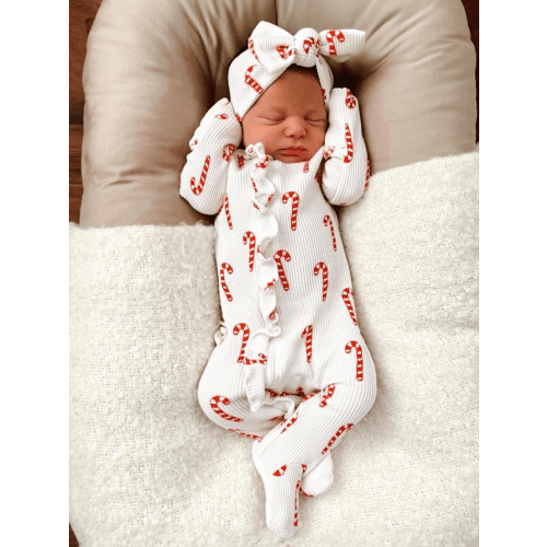 Organic Waffle Ruffle Zip Footie, Candy Cane
