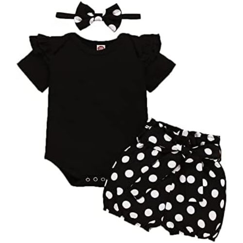 Newborn Baby Girl Set Ruffled Sleeve Romper Polka Dots Shorts Bloomers Bowknot Headband Boutique Clothes