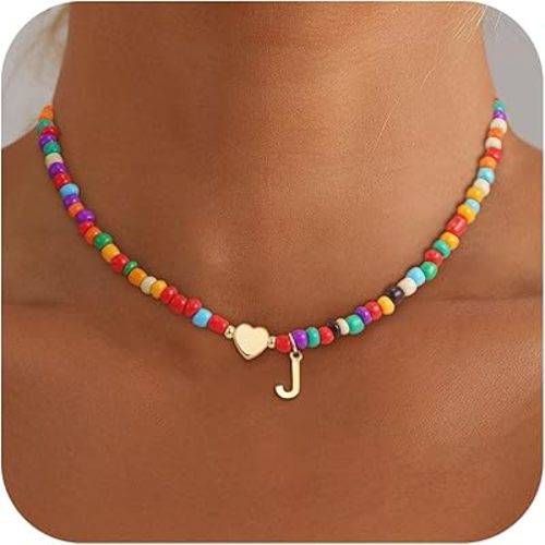 Valentines Day Gifts for Kids Women Girls - Colorful Beaded Initial Necklace Teen Girls Trendy Stuff Dainty Letter Choker Necklace Valentines Day Gifts for Her Mom Wife Jewelry