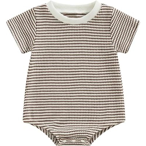 VISGOGO Unisex Baby Boy Girl Striped Romper Waffle Short Sleeve Bubble Oversized Romper Bodysuit Summer Onesie Clothes