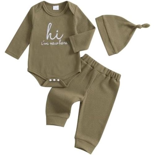 MERSARIPHY Newborn Baby Boy Clothes Waffle Knitted Letter Printed Romper Pants Sets Hi I'm New Here Going Home Outfit 3Pcs
