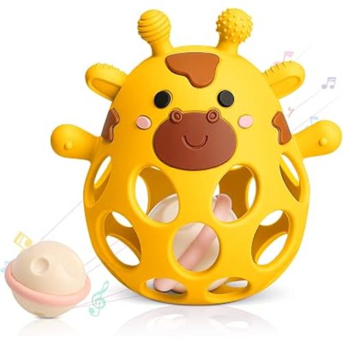 Baby Teething Rattle Toys 3-6 6-12 Months, BPA Free Silicone Teether Ball