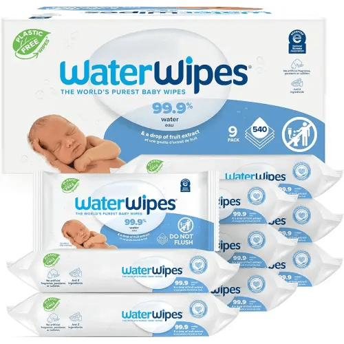 WaterWipes Plastic-Free Original-baby Wipes, 99.9% Water Based Wipes, Unscented & Hypoallergenic for Sensitive Skin, 60 Count (Pack of 9) Total 540 wipes, Packaging May Vary