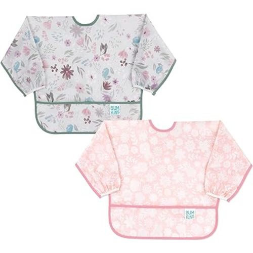 Bumkins Sleeved Bib for Girl or Boy, Baby and Toddler for 6-24 Mos, Essential Must Have for Eating, Feeding, Baby Led Weaning Supplies, Long Sleeve Mess Saving Food Catcher, 2-pk Floral and Lace
