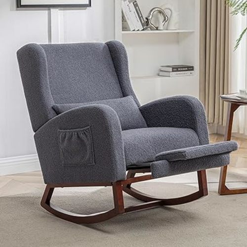 HCHAIRH Rocking Chair with Foot Rest,Teddy Nursery Rocking Chairs, Wingback Nursing Glider Rocker Chair with Pillow and High Back for Nursery, Living Room, Bedroom, Dark Grey
