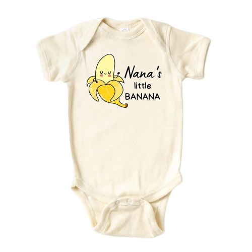 Cute Baby Onesie® Nana's Little Banana Shirt Premium Custom Baby Clothes Unisex Baby Announcement Gift for Grandma Newborn Outfit (Short Sleeve Natural, 3-6m)