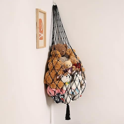 Stuffed Animal Hammock Corner Hanging Net for Stuffy Animal Storage Macrame Toy Display Plushie Toy Holder-Perfect for The Tiny Space Walls, Kid Bedroom Decor Playroom Organizer (Black)