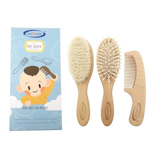 Baby Hair Brush & Comb Set, Organic Wooden Hairbrush Natural Goat Bristles 3-Piece for Newborns & Toddlers, Ideal for Cradle Cap & Itching, Perfect Shower and Registry Gift for Infant, Toddler, Kids