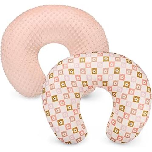 Nursing Pillow Covers, Minky Dots Breastfeeding Pillow Slipcover for Baby Boys Girls, Ultra Comfortable Nursing Pillow Protector, Soft and Machine Washable, Flower Checkerboard 2 Pack