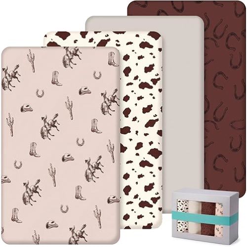 SmoothNovelty 4 Pack Cowboy Crib Fitted Sheet for Boys Girls - 52" x 28" Fitted Baby Sheet with Western Theme for Standard Mattress Gift Set, Microfiber & Soft Breathable (Brown)