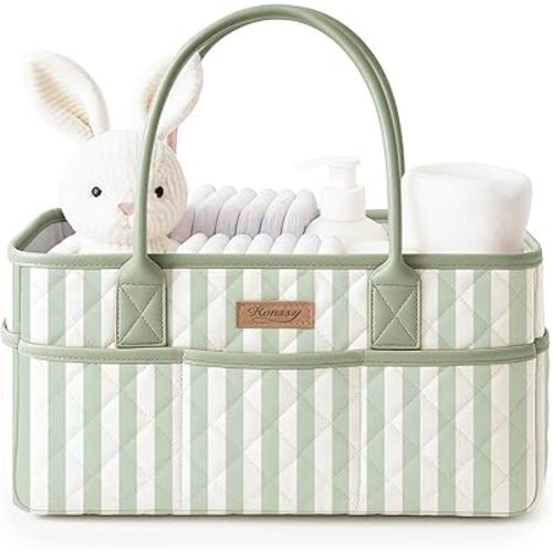 Konssy Quilted Diaper Caddy Organizer, Diaper Caddy Basket with PU Leather Handles, Water-Repellent Nursery Storage Basket, Portable Car Organizer, Registry Search Must Haves (Green Stripe)