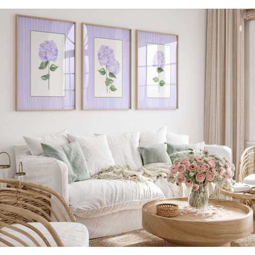Purple Hydrangea Print, Set of 3 wall art, Stripes Coastal Decor, Trendy Grand millennial Art, Farmhouse Living room, Nursery flowers Poster
