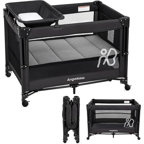ANGELBLISS Baby Bassinet Bedside Crib, Pack and Play with Mattress, Diaper Changer, One-Push Setup Playards from Infants to Toddlers (Balck)