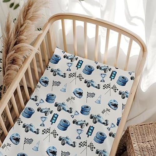 Cute Race Car Flag Baby Crib Sheets for Boy Girl 28x52 Inch Breathable Blue Races Vehicle Trophy Traffic Light Vehicles Fitted Crib Mattress Cover for Standard Crib and Toddler Mattress Car One Size