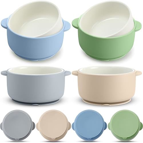 Domensi 4 Sets Kids Porcelain Bowls with Silicone Suction Sleeves Toddler Suction Bowls Baby Bowl Microwave Dishwasher Safe Cereal Soup Snack Dishes for Children Food Feeding Supplies (Morandi Colors)