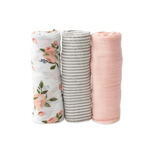 little unicorn 3-Pack Organic Cotton Muslin Swaddle Blankets, Watercolor Roses