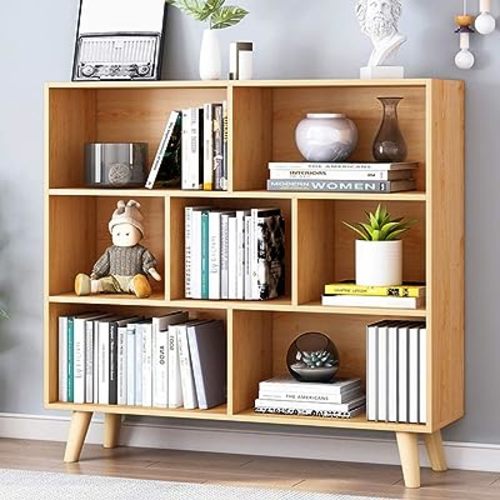 IOTXY Wooden Open Shelf Bookcase - 3-Tier Floor Standing Display Cabinet Rack with Legs, 7 Cubes Bookshelf, Pear Yellow
