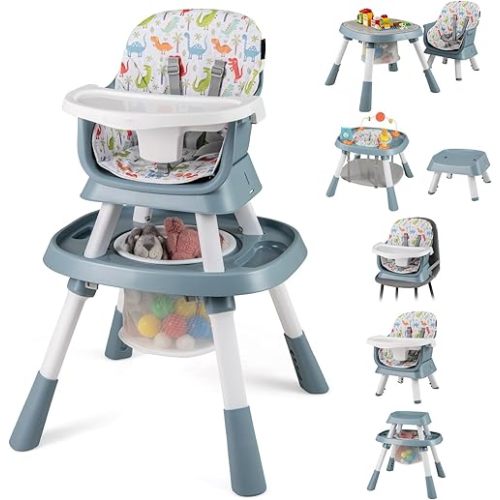 HONEY JOY 16-in-1 Baby High Chair, Convertible Highchair for Babies and Toddlers/Booster Seat/Activity Center with Toys, Building Block Table & Stool, Safety Harness, Removable Cushion & Tray (Blue)