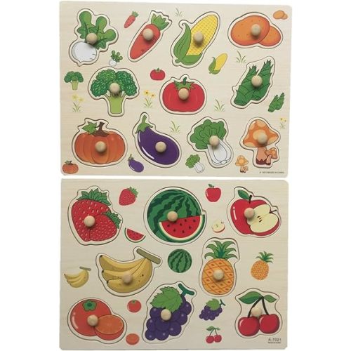 Home Learning Preschool Early Educational Development Colorful Fruit and Vegetables Wooden Peg Puzzle Jigsaw Bundle Shape Toys and Games for Age 3-7 Years Old Child Children Boys Girls