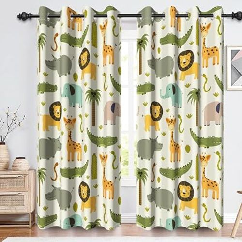 Renaiss Safari Animals Blackout Curtains for Bedroom Cute Cartoon Lion Giraffe Elephant Woodland Jungle Zoon Window Curtain Thermal Insulated Drapes for Living Room Decor 2 Panels Set, 42x96 Inch
