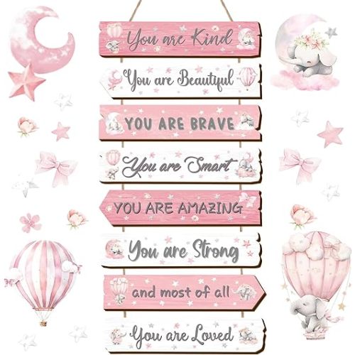 Inspirational Girl Room Decor Aesthetic Art Wall Hanging Sign Inspiring Colorful Rainbow Wooden Decoration for Kids Teens Toddler Boy Baby Bedroom Nursery Dorm Decor, 6-12 Years Old (Elephant)