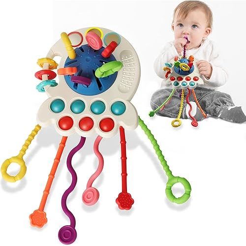 Baby Toys 6 to 12 Months, Montessori Sensory Toys for 1 Year Old, Food Grade Silicone Pull String & Travel Toys for Car Seat, Baby Girl Boy Gifts for 6 9 12 18 Months