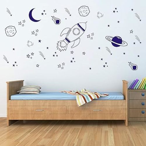Nursery Wall Decor - Rocket & Space Ship Decals, Planets, Blue (A37)
