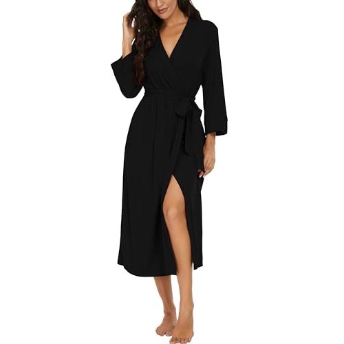 VINTATRE Women Kimono Robes Long Knit Bathrobe Lightweight Soft Knit Sleepwear V-neck Casual Ladies Loungewear