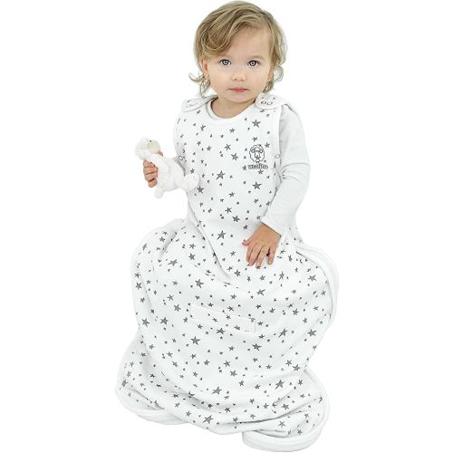 Woolino 4 Season Ultimate Baby Sleeping Bag - Merino Wool and Organic Cotton - Universal Size Adjustable Sleep Sack for Baby - Two-Way Zipper Sleeping Bag (2-24 Months) - Stars White
