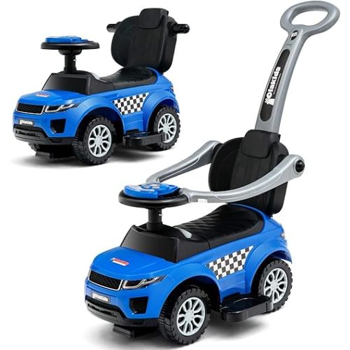 OLAKIDS 4 in 1 Ride on Push Car, Toddlers Stroller Sliding Walking Toy with Horn, Music, Lights, Removable Guardrails and Handle, Underneath Storage, Baby Foot-to-Floor Walker for Boys Girls (Navy)