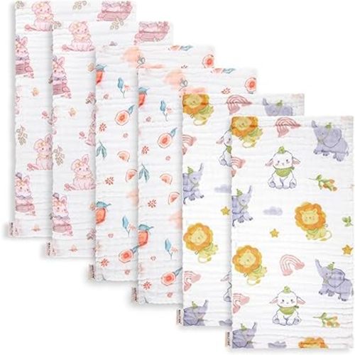 Maliton Muslin Burp Cloths for Baby Girl 6 Pack Large 20''x10'' 100% Cotton Burp Rags Absorbent and Soft 6 Layers Muslin Cloth Baby Boy Newborn Essentials Must Haves (Rabbit & Fruit)