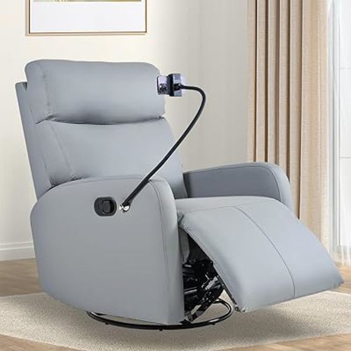 Swivel Rocker Recliner Chair for Nursery, Upholstered 360° Leather-air Glider Rocking Chair with Phone Holder, Manual Small Recliners for Small Spaces Living Room