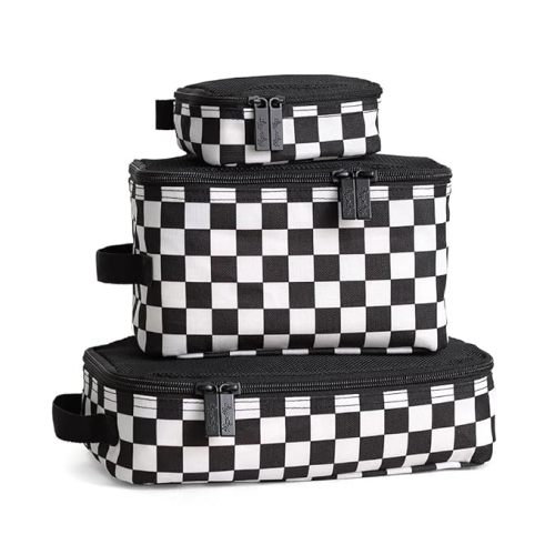 Itzy Ritzy Packing Cubes for Travel – Set of 3 Packing Cubes or Travel Organizers - Each Cube Features a Mesh Top, Double Zippers and a Fabric Handle (Black & White Checkerboard)