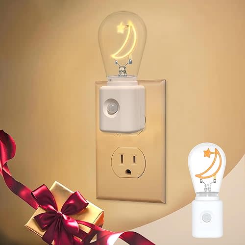 Unique Gifts for Friends, LED Motion Sensor Night Light, Dimmable Warm, Decorative Moon&Star-Filament, 1W Energy Efficient, LED Bulb Plug into wall for Bedroom, Bathroom, Kitchen, Hallway, 1 Pack