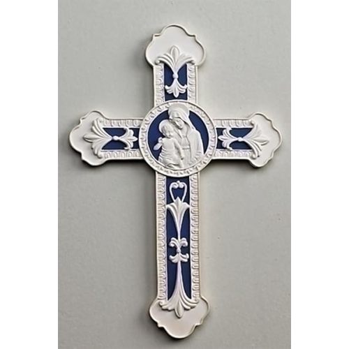 Della Robbia Madonna and Child White Blue 9 inch Decorative Wall Cross