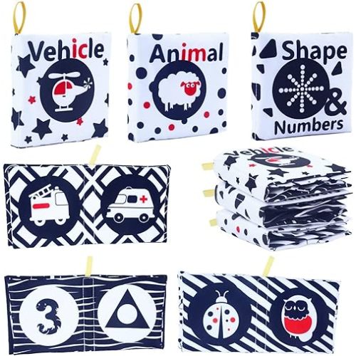 Baby Books Toys, 3 Pack White and Black Cloth Book Set, Touch and Feel Crinkle Cloth Book for Infant Babies 0-6 Months, Early Education Sensory Soft Toy, Baby Gifts Christmas Stocking Stuffers
