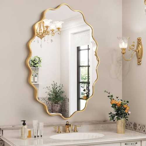 24 in. W x 36 in. H Oval Gold Aluminum Alloy Framed Scalloped Wavy Wall Mirror