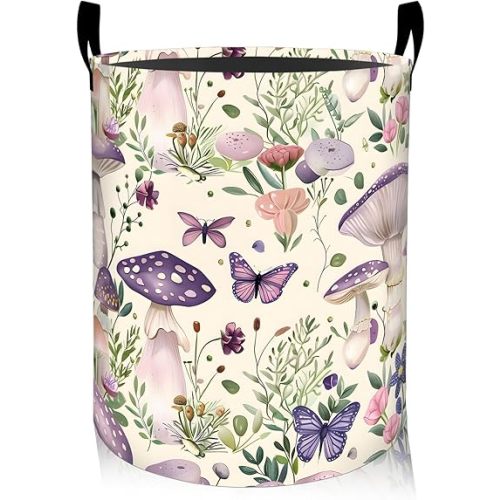 Mushroom Floral Laundry Basket, Oxford Cloth Pastel Dreamy Dirty Clothes Collapsible Hamper for Room Decor, Butterfly Flower Print Gifts Toy Organizer 19.7*15.8 Inch for Bedroom Bathroom Dorm