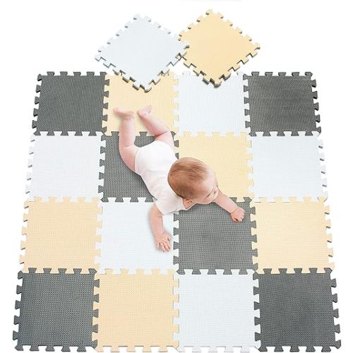 meiqicool Foam Play Mat Thick Soft EVA Interlocking Foam Floor Mats Children Yoga Exercise Multi Jigsaw Puzzle Blocking Board Kids Playmats Play White-Beige-Grey 18 Piece AJL