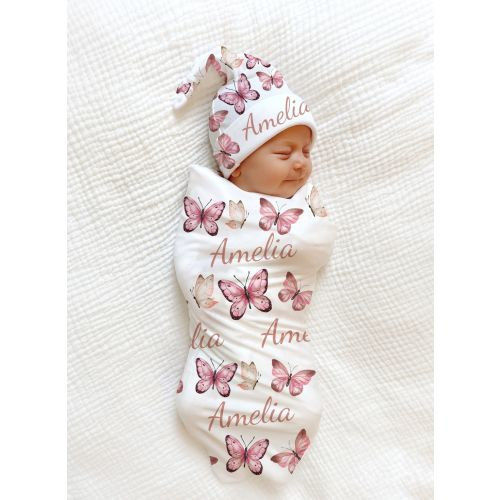 PINK BUTTERFLY Swaddle Blanket PERSONALIZED Newborn Baby Girl Coming Home Outfit Name Floral Blanket Baby Shower Gift Hospital Photo Outfit