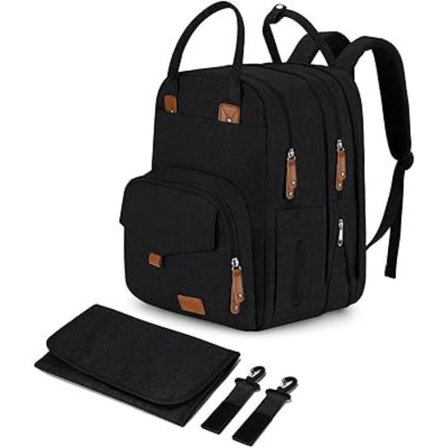 Large Diaper Bag Backpack for Two Kids Twins - Expandable Baby Bag (26-36L), Dual Big Compartments - Includes Changing Pad & Stroller Straps, Unisex Black