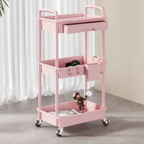 BEAFUP 3 Tier Rolling Storage Cart,Utility Cart With Drawers,Utility Cart Rolling Storage Organizer Tool For Kitchen,Bathroom,Living Room,Pink