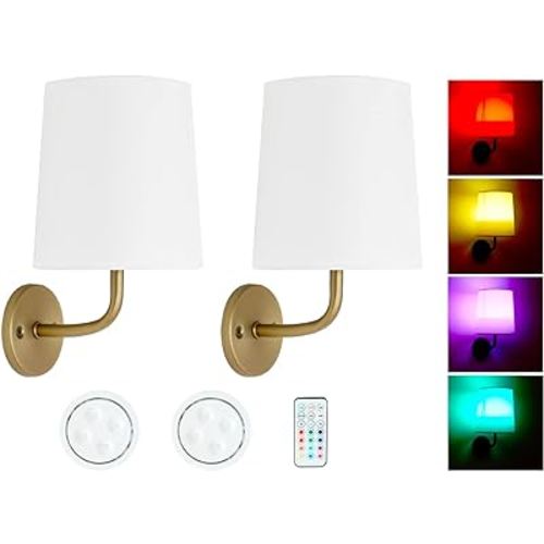 HEQIQEH Rustic Vintage Battery Operated RGB Wall Sconce Light Fixture with Remote Control, Flared Funnel Linen Fabric Shade Dimmable Nightstand Lamps for Bedroom Bedside, 2 Packs (Antique)