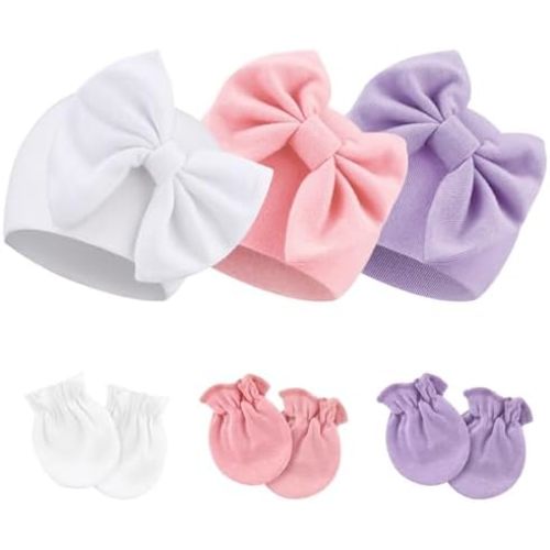 BQUBO Newborn Baby Hospital Hats Beanie Bow Infant Caps Baby Cotton No Scratch Mittens Set for 0-6 Months