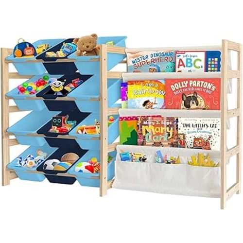 Toy Storage Organizer with Bookshelf - 12 Storage Bins 4-Tier Multipurpose Shelf to Organize Toys and Books for Kids Room, Playroom, Nursery Room, White