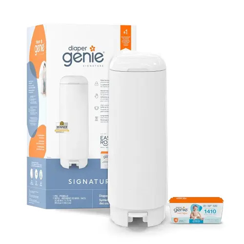 Diaper Genie Signature Pail Gift Set Includes 1 Easy Roll Refill with 30 Bags | Holds Up to 1,410 newborn-Sized Diapers Per Refill White