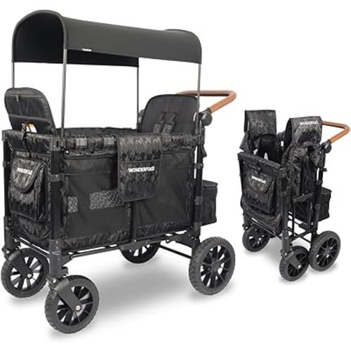 WONDERFOLD W2 Luxe Stroller Wagon (2 Seater) - Collapsible Wagon Stroller with Seats with Magnetic Buckle 5-Point Harnesses and Adjustable Sun Canopy, Elite Black Camo